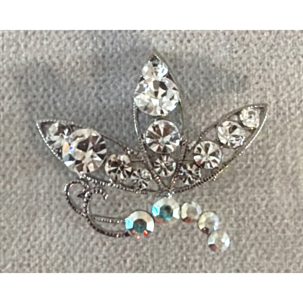 Lovely Rhinestone Silver Tone Brooch w/ Floral Leaf Design - 1.75" x 1.5"